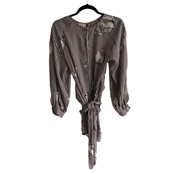 (SOLD) ZARA Collarless Button Front Striped Blouse Cat Print Belt Black Cream L - Picture 4 of 7